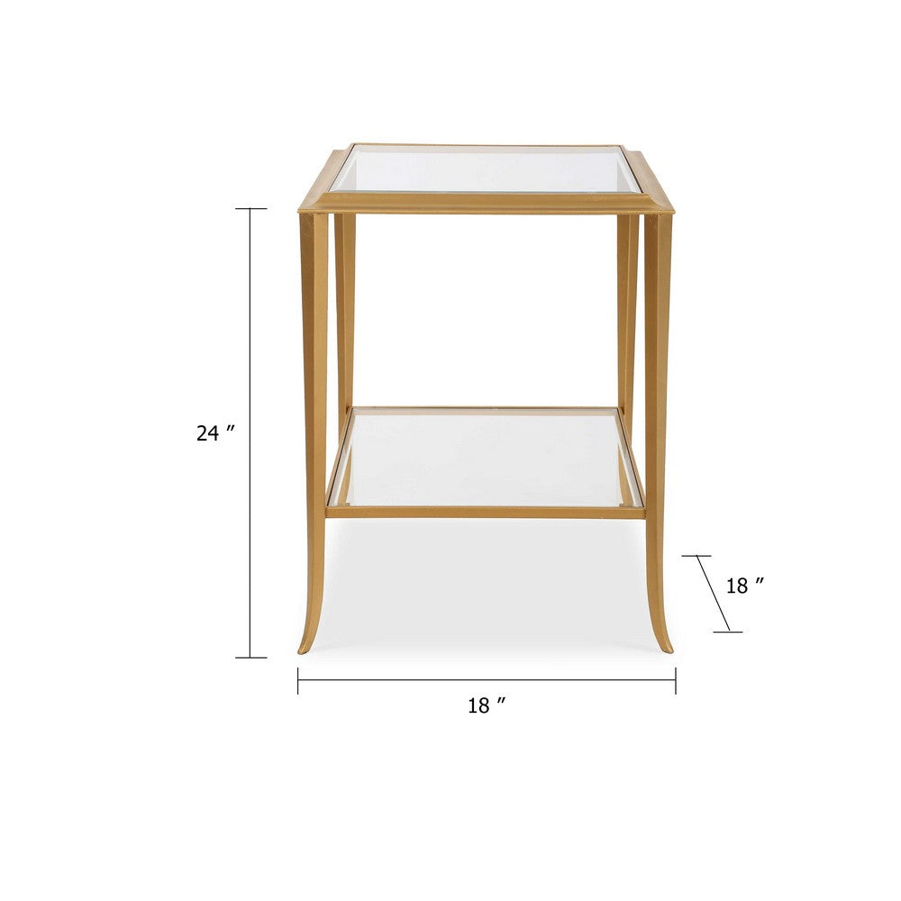 Fer Accent Table, 18 Inch Glass Top, Bottom Open Shelf, Gold Leaf Iron - BM346822
