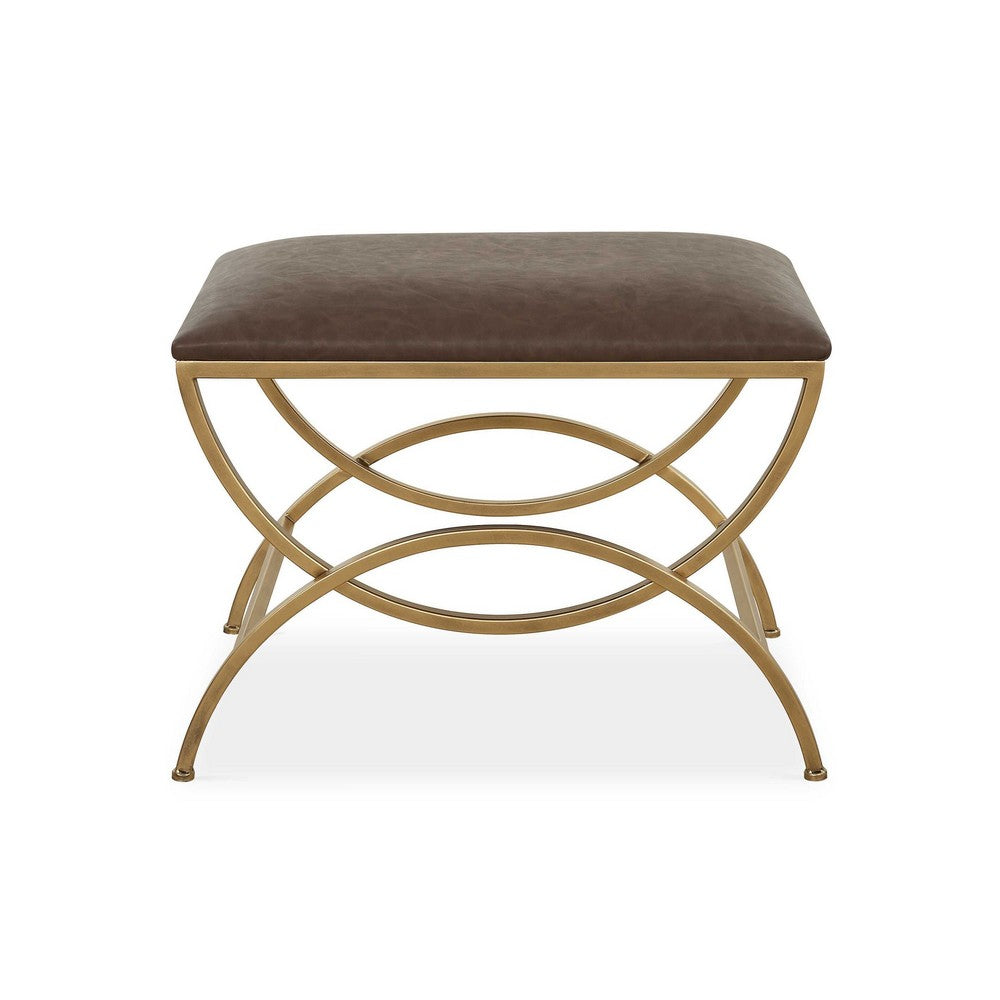 Enzy Accent Stool, 24 Inch Cocoa Brown Faux Leather Top, Brass Base - BM346823
