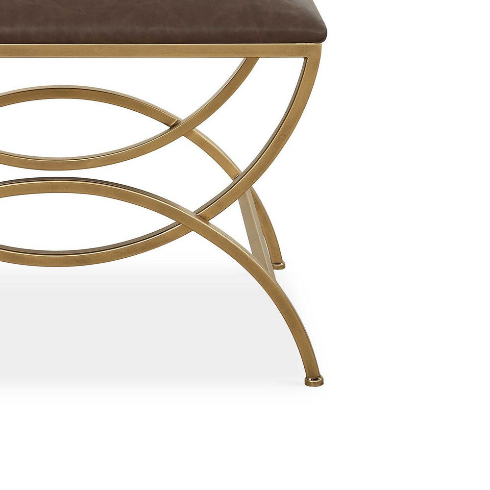 Enzy Accent Stool, 24 Inch Cocoa Brown Faux Leather Top, Brass Base - BM346823