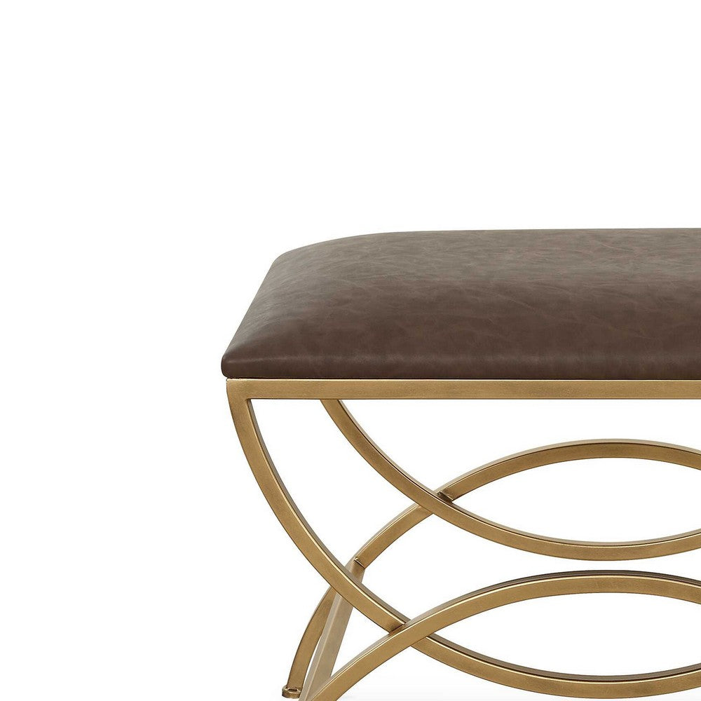 Enzy Accent Stool, 24 Inch Cocoa Brown Faux Leather Top, Brass Base - BM346823