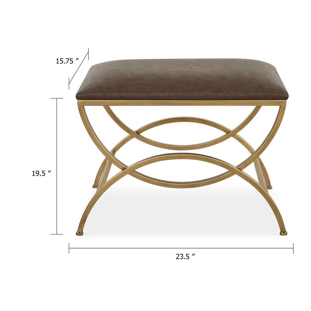 Enzy Accent Stool, 24 Inch Cocoa Brown Faux Leather Top, Brass Base - BM346823