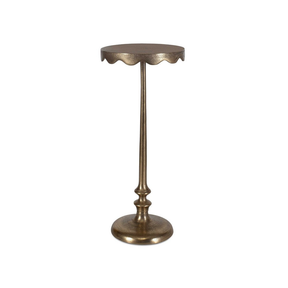 Viny Accent Table, 10 Inch Round Top w Scalloped Edges, Antique Brass - BM346824