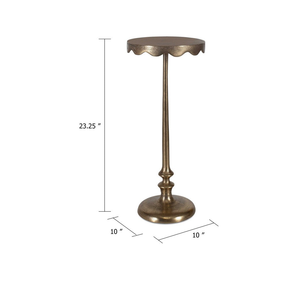 Viny Accent Table, 10 Inch Round Top w Scalloped Edges, Antique Brass - BM346824