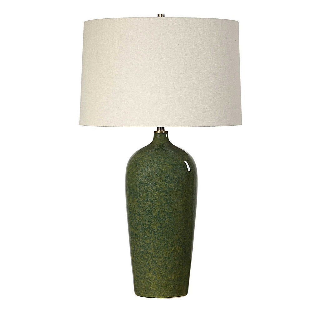 Table Lamp, Beige Linen Shade, Distressed Emerald Green Ceramic 28 Inch - BM346825