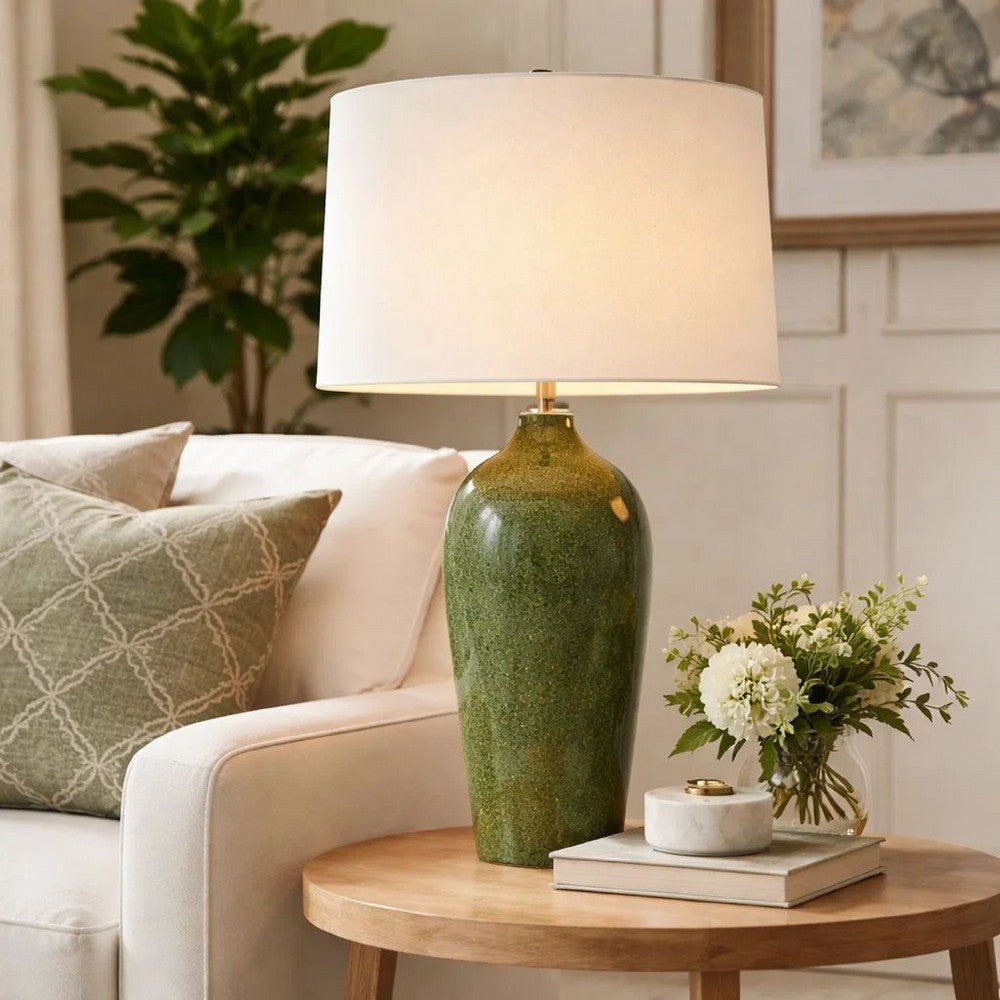 Table Lamp, Beige Linen Shade, Distressed Emerald Green Ceramic 28 Inch - BM346825