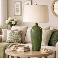 Table Lamp, Beige Linen Shade, Distressed Emerald Green Ceramic 28 Inch - BM346825