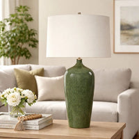 Table Lamp, Beige Linen Shade, Distressed Emerald Green Ceramic 28 Inch - BM346825