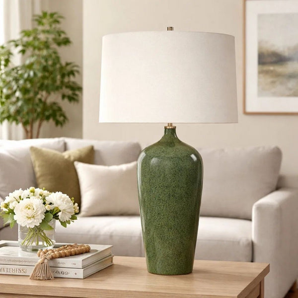 Table Lamp, Beige Linen Shade, Distressed Emerald Green Ceramic 28 Inch - BM346825