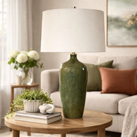 Table Lamp, Beige Linen Shade, Distressed Emerald Green Ceramic 28 Inch - BM346825