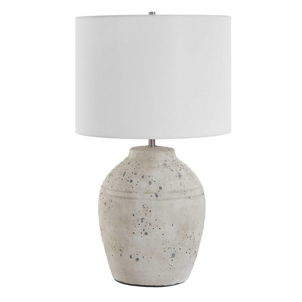 Table Lamp, Round Linen Shade, 24 Inch Distressed White Ceramic Body - BM346827