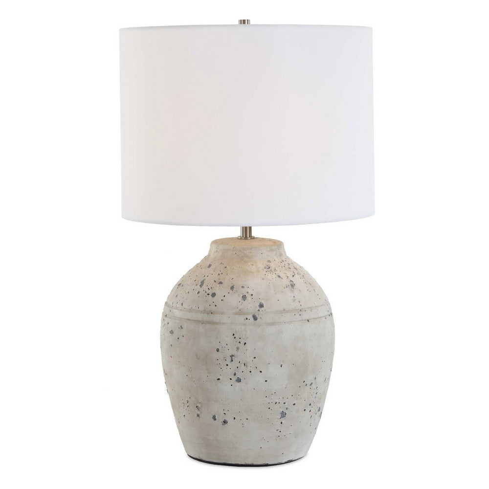 Table Lamp, Round Linen Shade, 24 Inch Distressed White Ceramic Body - BM346827