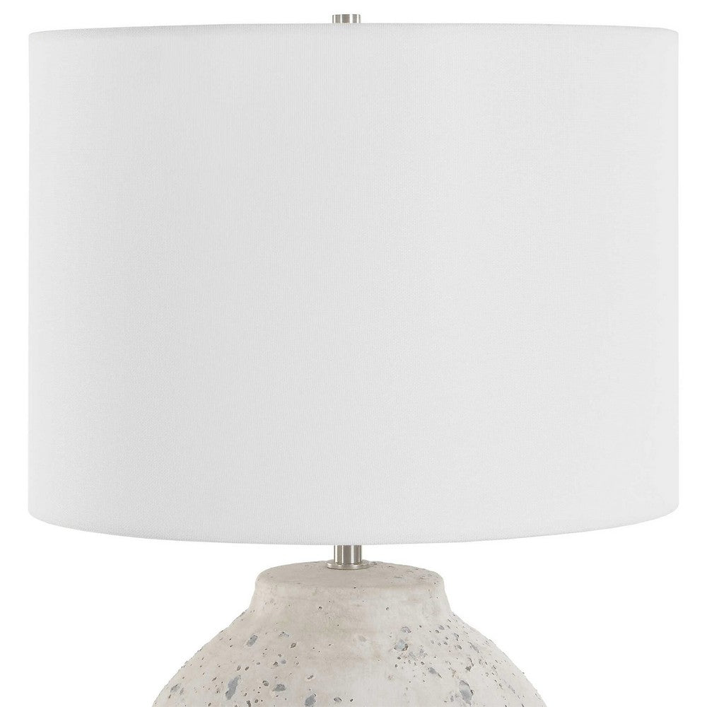 Table Lamp, Round Linen Shade, 24 Inch Distressed White Ceramic Body - BM346827