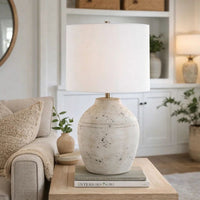 Table Lamp, Round Linen Shade, 24 Inch Distressed White Ceramic Body - BM346827