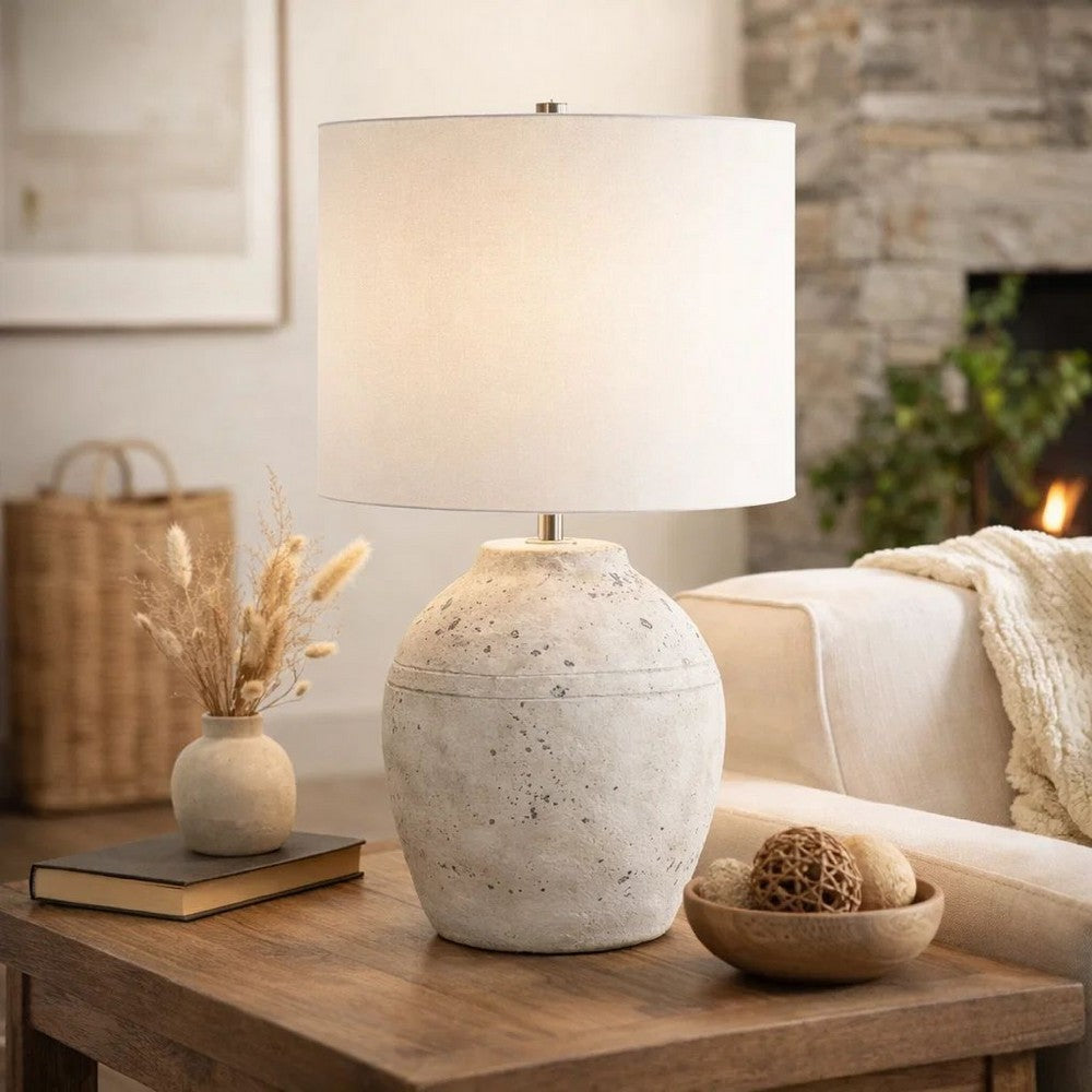 Table Lamp, Round Linen Shade, 24 Inch Distressed White Ceramic Body - BM346827