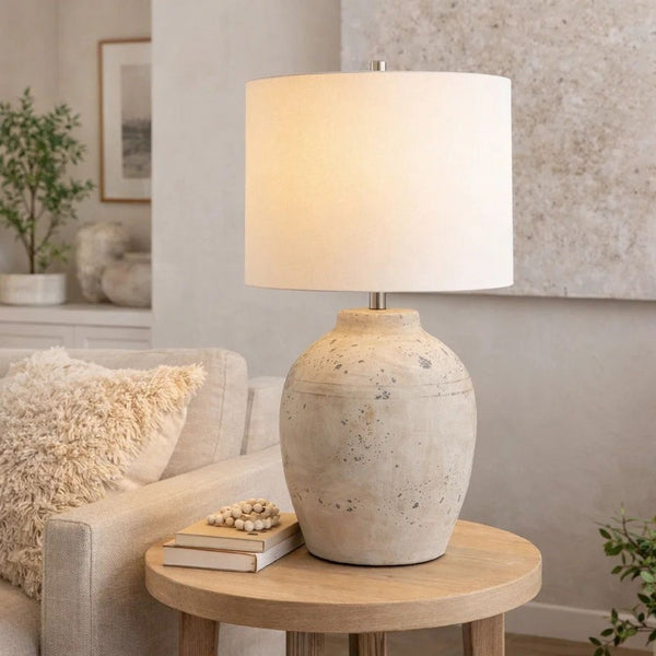 Table Lamp, Round Linen Shade, 24 Inch Distressed White Ceramic Body - BM346827
