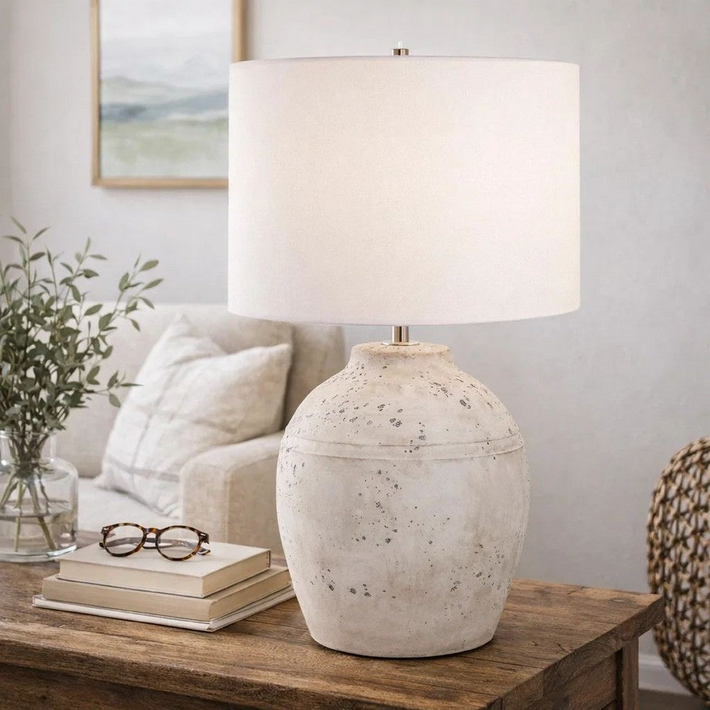 Table Lamp, Round Linen Shade, 24 Inch Distressed White Ceramic Body - BM346827