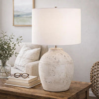 Table Lamp, Round Linen Shade, 24 Inch Distressed White Ceramic Body - BM346827