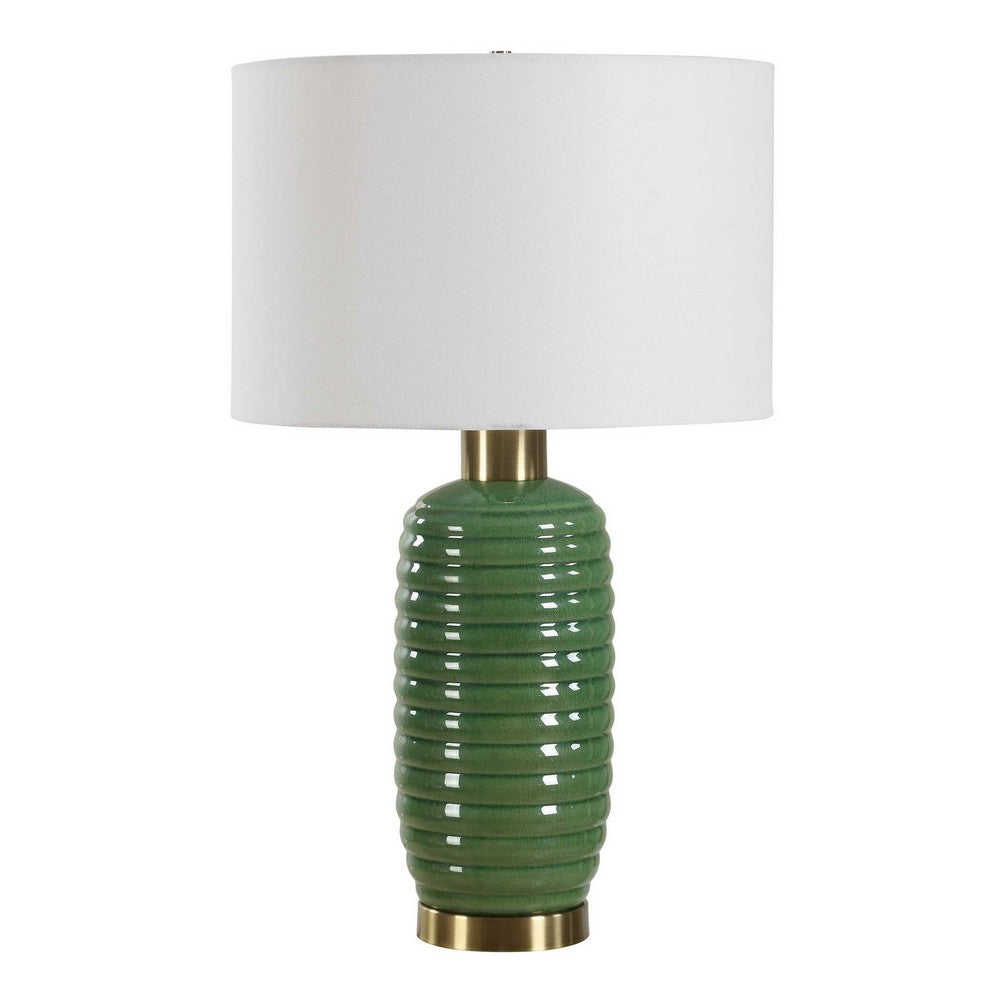 Table Lamp, Off White Linen Shade, 27 Inch Olive Green Ribbed Ceramic - BM346828