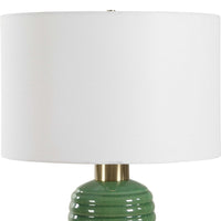 Table Lamp, Off White Linen Shade, 27 Inch Olive Green Ribbed Ceramic - BM346828