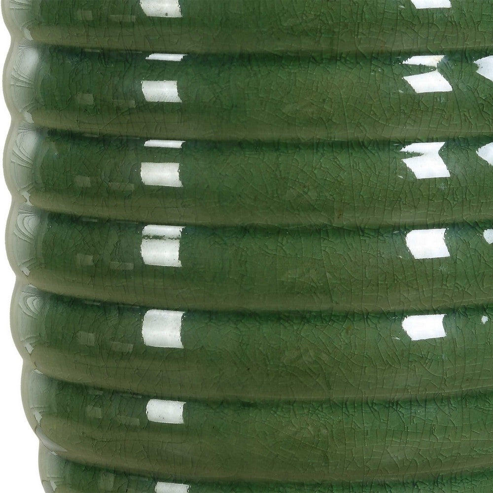 Table Lamp, Off White Linen Shade, 27 Inch Olive Green Ribbed Ceramic - BM346828
