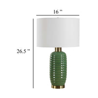 Table Lamp, Off White Linen Shade, 27 Inch Olive Green Ribbed Ceramic - BM346828