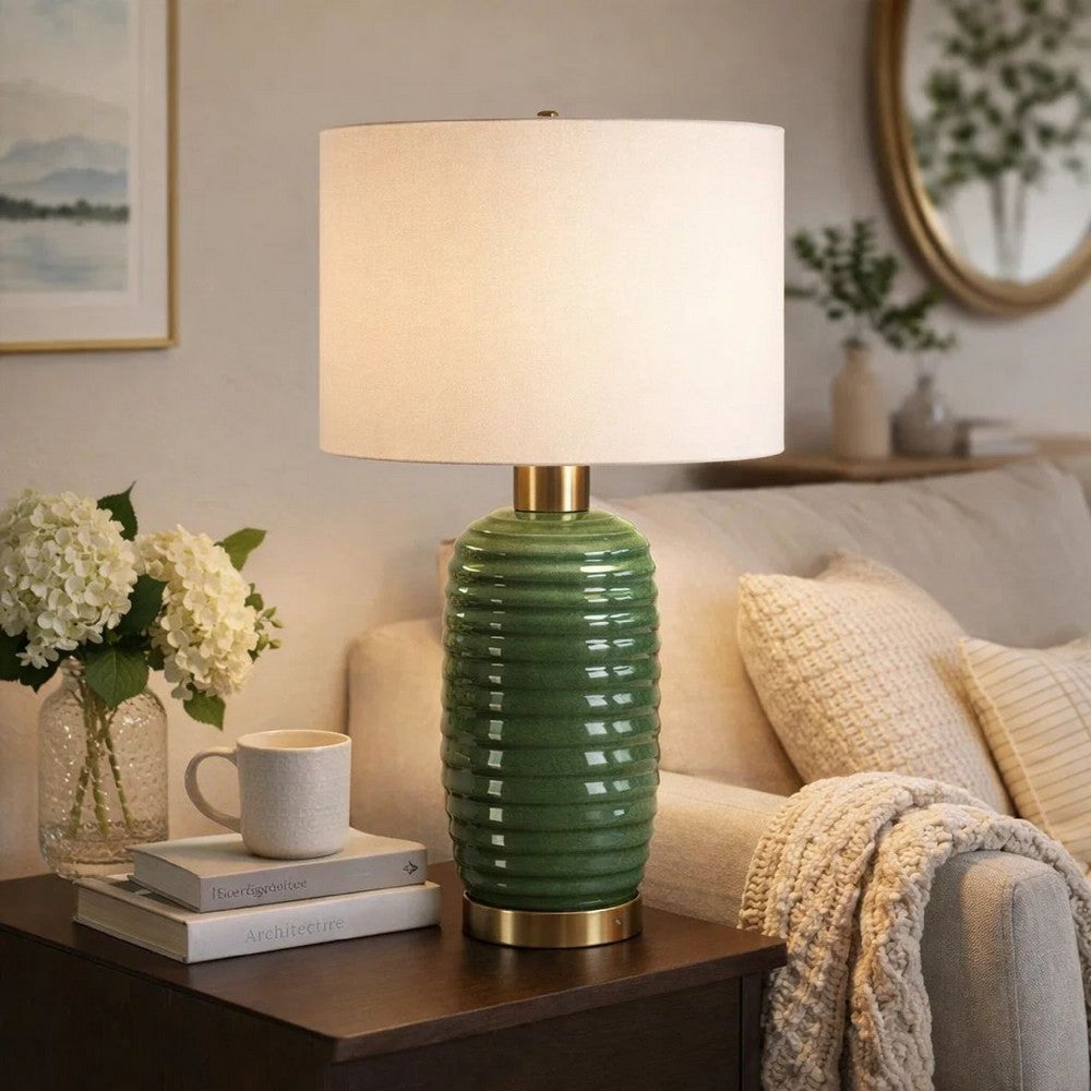 Table Lamp, Off White Linen Shade, 27 Inch Olive Green Ribbed Ceramic - BM346828