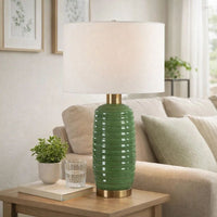 Table Lamp, Off White Linen Shade, 27 Inch Olive Green Ribbed Ceramic - BM346828