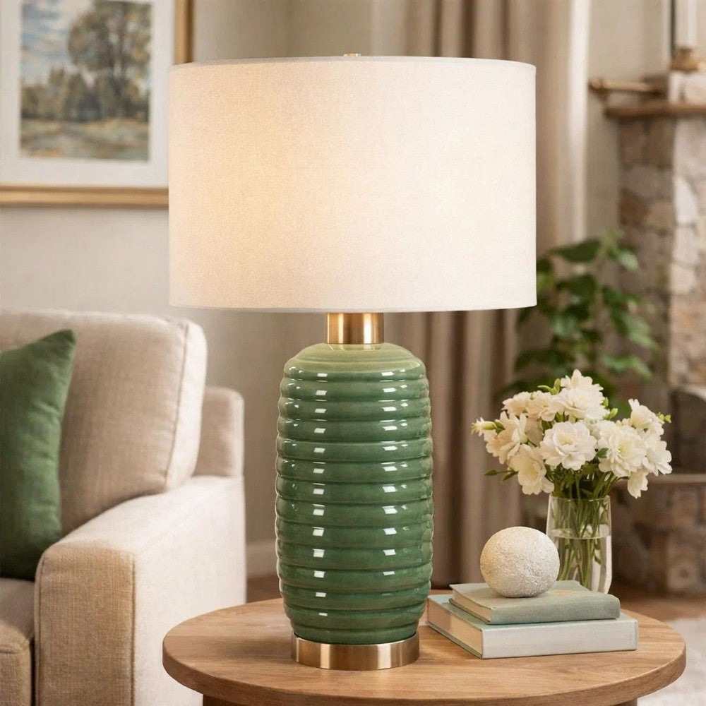 Table Lamp, Off White Linen Shade, 27 Inch Olive Green Ribbed Ceramic - BM346828