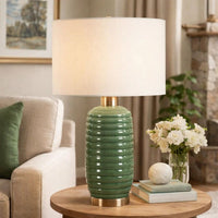 Table Lamp, Off White Linen Shade, 27 Inch Olive Green Ribbed Ceramic - BM346828