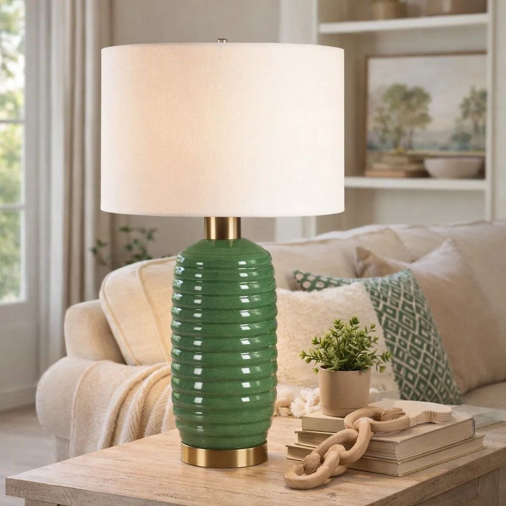 Table Lamp, Off White Linen Shade, 27 Inch Olive Green Ribbed Ceramic - BM346828
