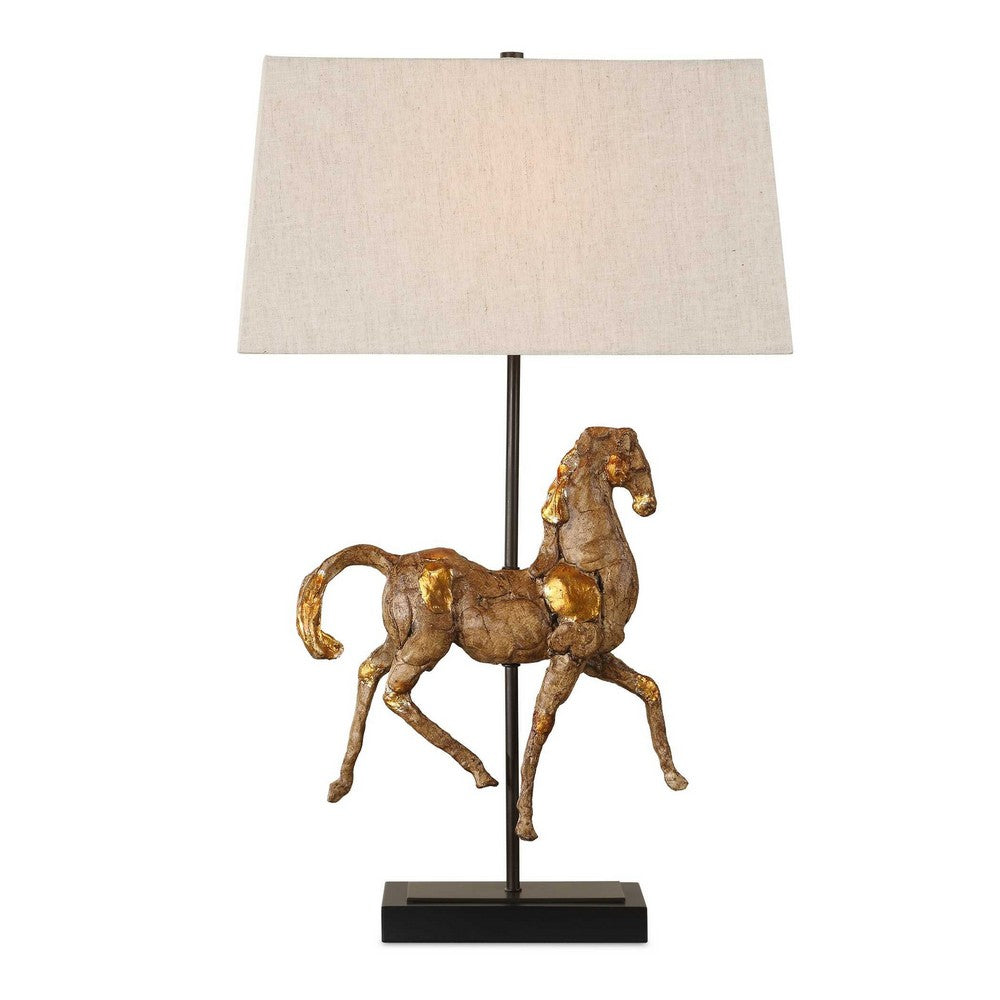 Horse Sculpture Table Lamp, Beige Linen Shade, 29 Inch Black Iron - BM346829