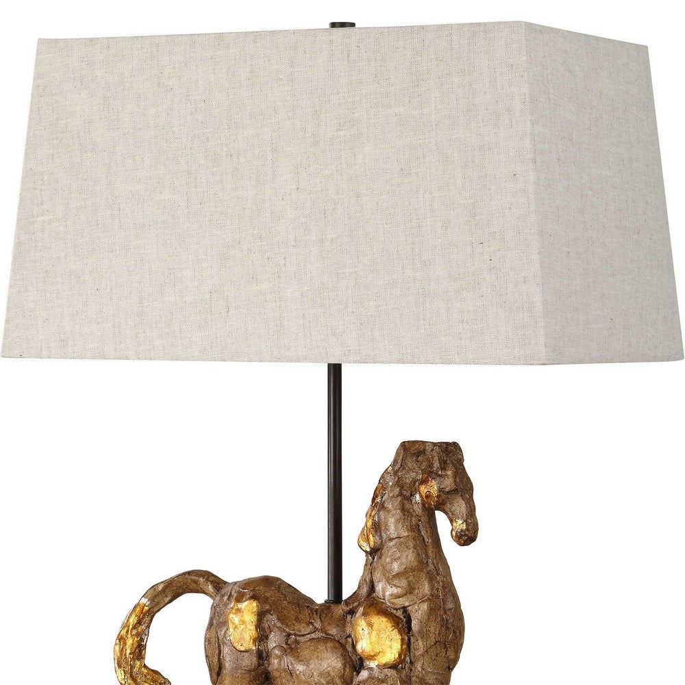 Horse Sculpture Table Lamp, Beige Linen Shade, 29 Inch Black Iron - BM346829