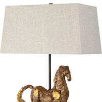 Horse Sculpture Table Lamp, Beige Linen Shade, 29 Inch Black Iron - BM346829