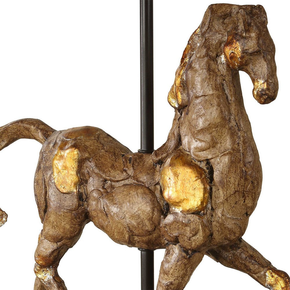 Horse Sculpture Table Lamp, Beige Linen Shade, 29 Inch Black Iron - BM346829