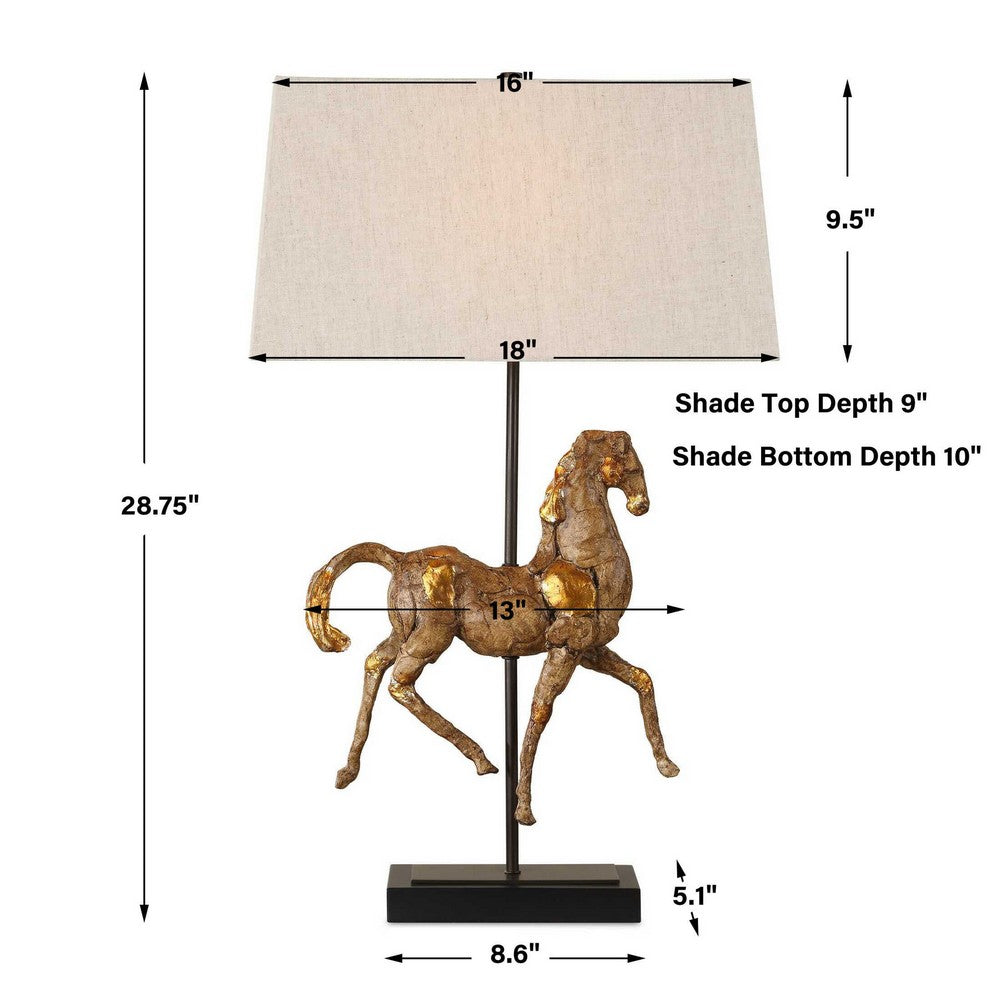 Horse Sculpture Table Lamp, Beige Linen Shade, 29 Inch Black Iron - BM346829
