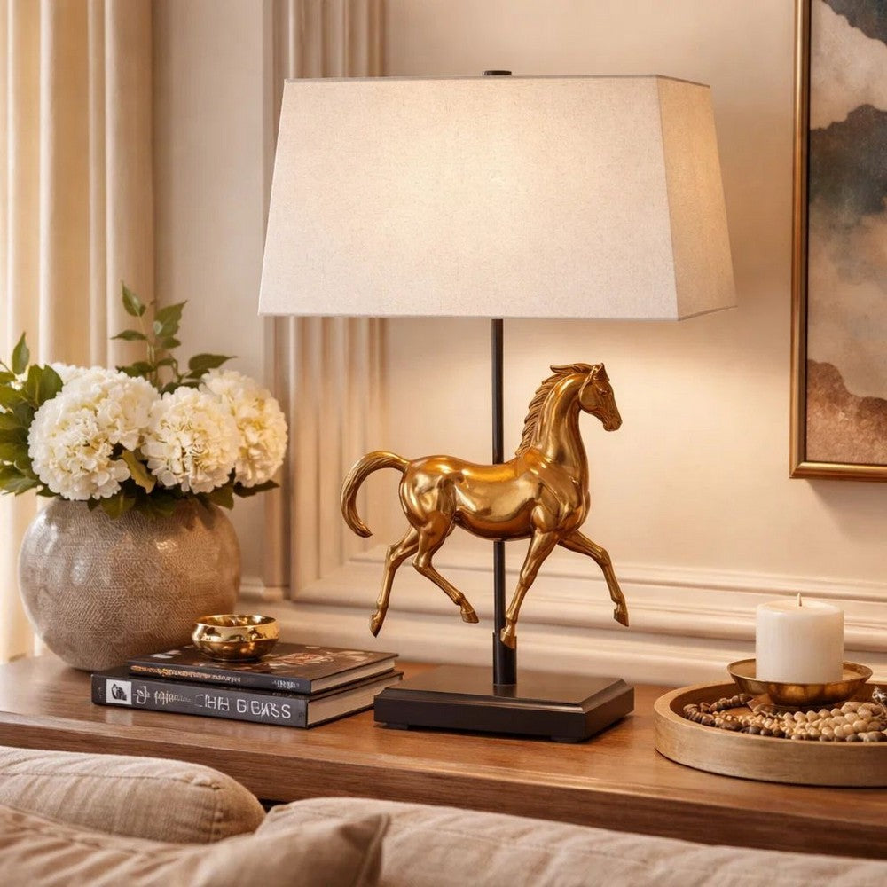 Horse Sculpture Table Lamp, Beige Linen Shade, 29 Inch Black Iron - BM346829