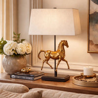 Horse Sculpture Table Lamp, Beige Linen Shade, 29 Inch Black Iron - BM346829