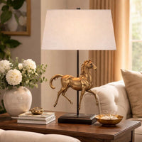 Horse Sculpture Table Lamp, Beige Linen Shade, 29 Inch Black Iron - BM346829