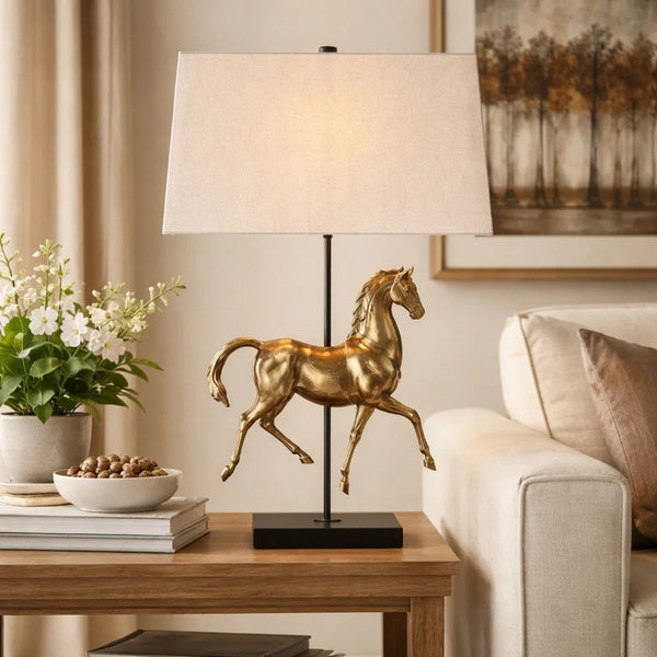 Horse Sculpture Table Lamp, Beige Linen Shade, 29 Inch Black Iron - BM346829