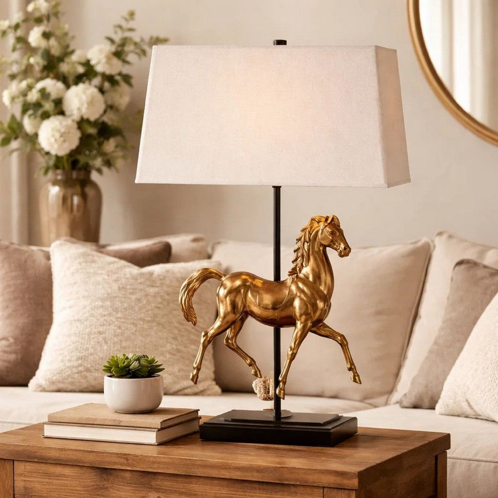 Horse Sculpture Table Lamp, Beige Linen Shade, 29 Inch Black Iron - BM346829