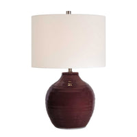 Table Lamp, Round Linen Shade, Ruby Red Textured Round Ceramic, 23 Inch - BM346830