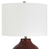 Table Lamp, Round Linen Shade, Ruby Red Textured Round Ceramic, 23 Inch - BM346830