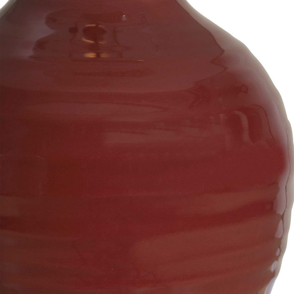 Table Lamp, Round Linen Shade, Ruby Red Textured Round Ceramic, 23 Inch - BM346830