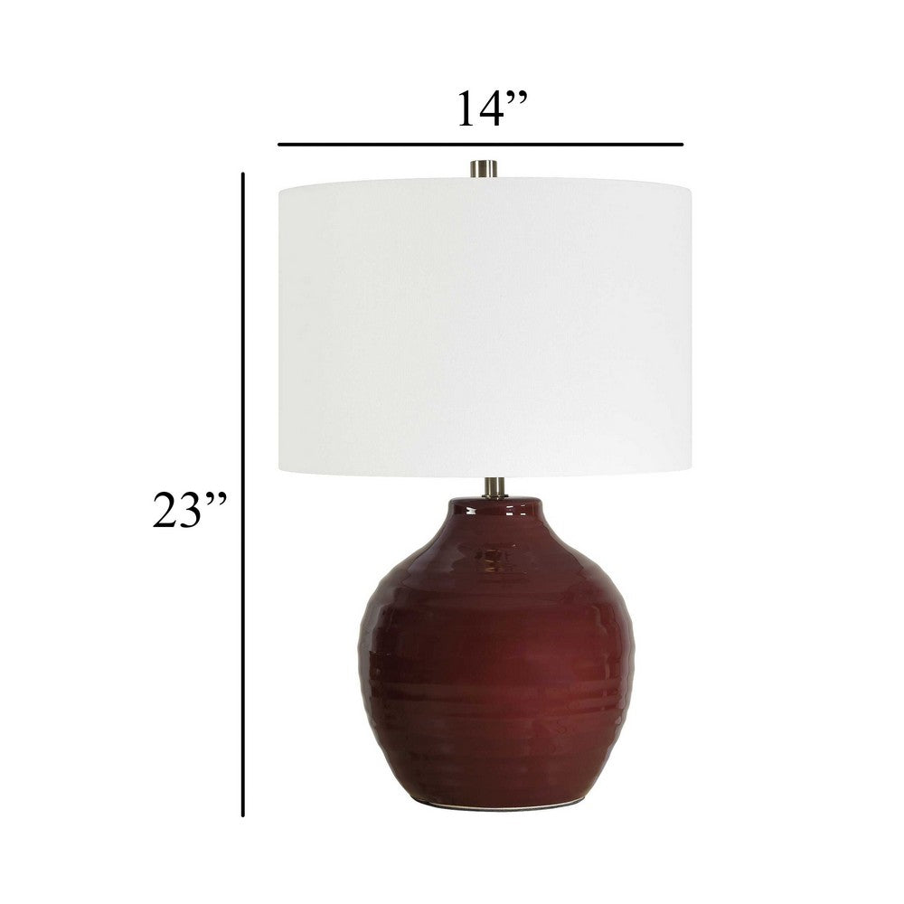 Table Lamp, Round Linen Shade, Ruby Red Textured Round Ceramic, 23 Inch - BM346830