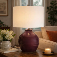 Table Lamp, Round Linen Shade, Ruby Red Textured Round Ceramic, 23 Inch - BM346830