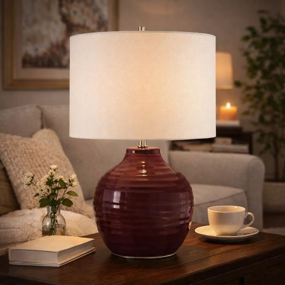 Table Lamp, Round Linen Shade, Ruby Red Textured Round Ceramic, 23 Inch - BM346830