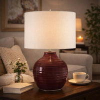 Table Lamp, Round Linen Shade, Ruby Red Textured Round Ceramic, 23 Inch - BM346830