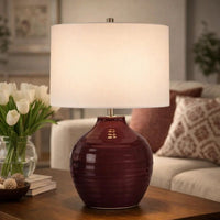 Table Lamp, Round Linen Shade, Ruby Red Textured Round Ceramic, 23 Inch - BM346830