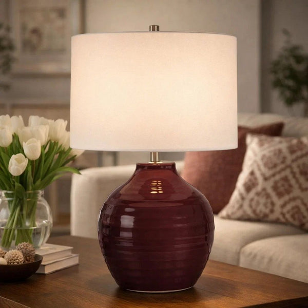 Table Lamp, Round Linen Shade, Ruby Red Textured Round Ceramic, 23 Inch - BM346830