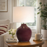 Table Lamp, Round Linen Shade, Ruby Red Textured Round Ceramic, 23 Inch - BM346830
